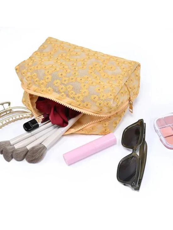 Handbags - Yellow Floral Lace Cosmetic Bag - Women Bags